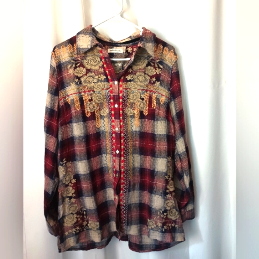 paparazzi Red Plaid Button-Down Shirt with Gold Embroidered Accents